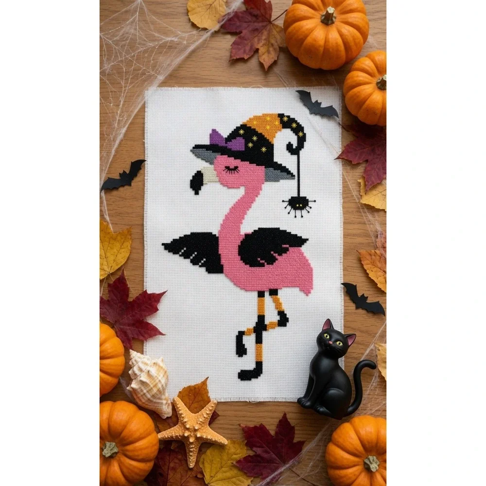 Halloween Flamingo Witch Funny Cross Stitch Pattern
